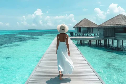 Photorealistic Woman on Pier — Midjourney v6 AI Prompt: A woman in a white linen dress and sun hat walks on the wooden pier of an island...