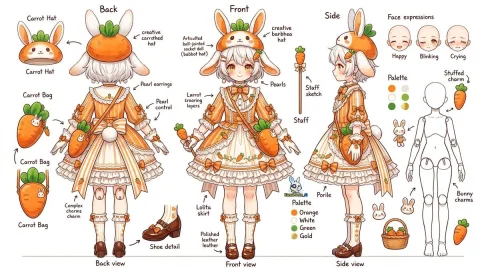 Adorable Doll-Like Anime Girl Character Design Sheet — Nano Banana 2 AI Prompt: Ultra-detailed anime girl character design sheet, pure white background, three-v...