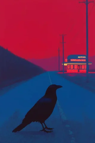 Raven on Neon Highway — Midjourney v6 AI Prompt: A dark American highway at night, lined with streetlights casting a dim glow. A...