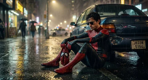 Exhausted Hero in the Rain — Nano Banana 2 AI Prompt: A cinematic, hyper-realistic scene of a tired superhero in a red-and-black spide...