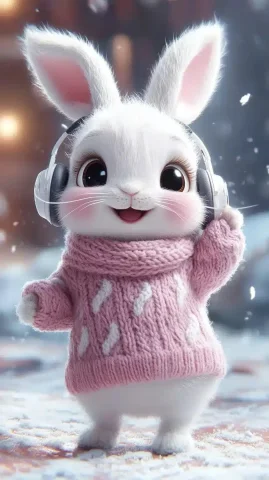 Cartoon Rabbit Dancing Joyfully — Midjourney v6 AI Prompt: ]Cute baby cartoon rabbit wearing a pink sweater and white earmuffs, with big ey...