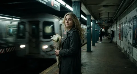 Midnight Reflections on a Blur of Steel — Nano Banana 2 AI Prompt: A dark, cinematic scene inside a moving train station or subway platform at nigh...