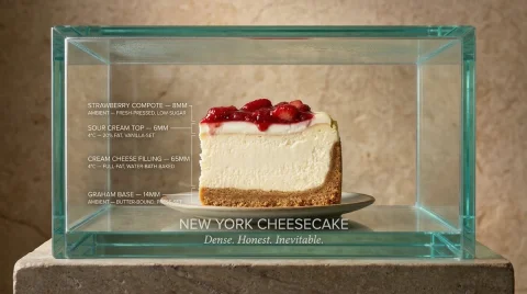 Surgical Precision in Culinary Art — Nano Banana 2 AI Prompt: [DISH] sealed inside a flawless glass vitrine, cross-sectioned dead center, cam...