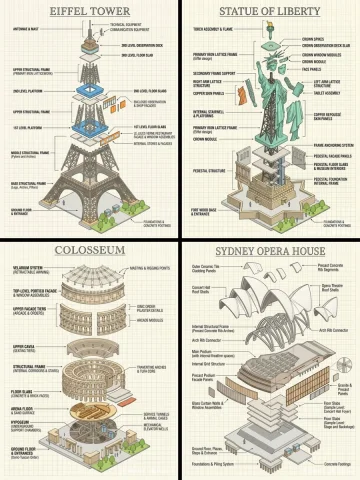 Iconic Landmarks in Shattered Splendor — Nano Banana 2 AI Prompt: Generate an exploded axonometric diagram of [LANDMARK]. The diagram should separ...