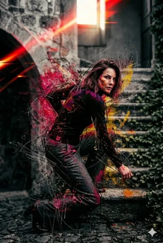 Disintegration in the Medieval Chaos — Nano Banana 2 AI Prompt: ​A high-action cinematic shot of a determined woman crouched on ancient stone st...