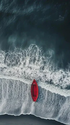 Symmetrical Coastline with Red Boat — Midjourney v6 AI Prompt: NASA aerial view, coast, beach, silent gray tones, red boat, style wallpaper, sy...
