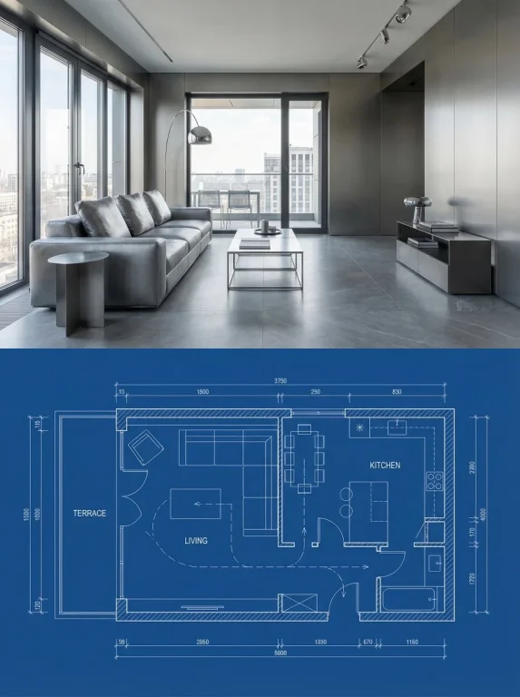 Metallic Modern: Interior Render Meets Architectural Blueprint