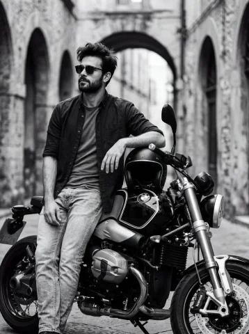 Monochrome Maverick on a Vintage Ride — Nano Banana 2 AI Prompt: A high-contrast, black-and-white cinematic portrait of a rugged man in the uploa...