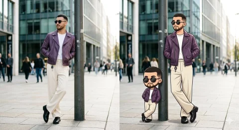 Urban Chic Meets Chibi Charm — Nano Banana 2 AI Prompt: A side-by-side comparison of a stylish man in a real-life urban photograph versu...