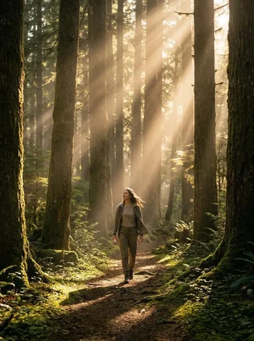 Golden Forest Walk — Nano Banana 2 AI Prompt: Cinematic ultra-realistic scene of [the exact person / same face, body, and like...