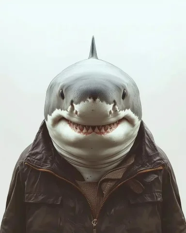 Hyper-Realistic Shark Portrait — Midjourney v6 AI Prompt: A ID-style portrait of a great white shark wearing Clothes, at the style of Yago...