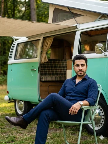 Golden Hour Elegance by the Camper — Nano Banana 2 AI Prompt: A stylish handsome Pakistani man in his late 20s to early 30s with sharp facial...