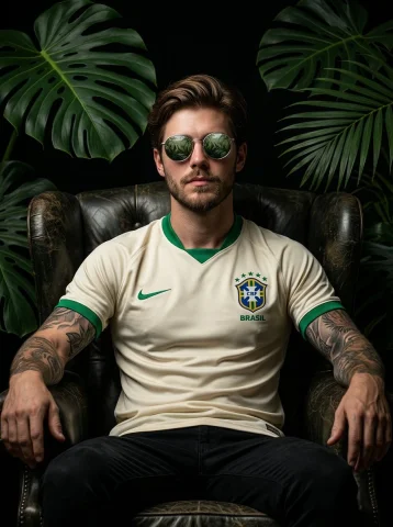 Power and Poise: Football Icon in the Jungle — Nano Banana 2 AI Prompt: Cinematic portrait of a confident football player sitting on a dark armchair, tr...