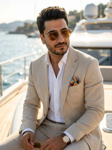 Mediterranean Luxury and Confidence — Nano Banana 2 AI Prompt: Extremely handsome South Asian man in his late 20s to early 30s, sharp jawline,...