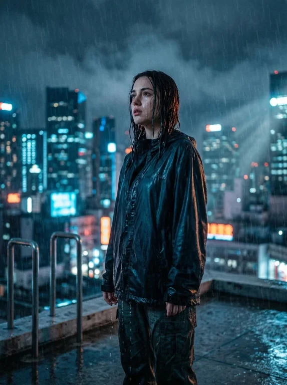 Neon Rain on the Rooftop