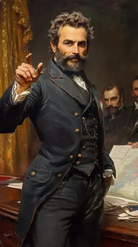 Diplomat Discussing Colonial Expansion — Midjourney v6 AI Prompt: A richly detailed 2D illustration of a European diplomat in a lavish 19th-centur...
