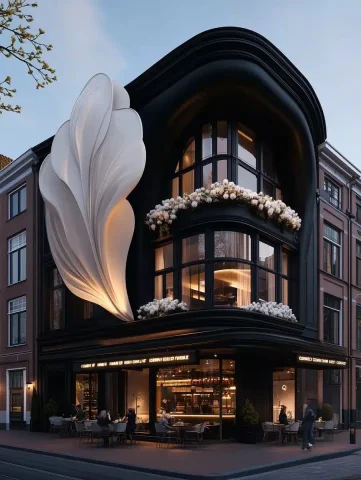 Tulip-Draped Modern Cafe — Midjourney v6 AI Prompt: A modern cafe-shop with an attractive facade, beautifully draped with white and...