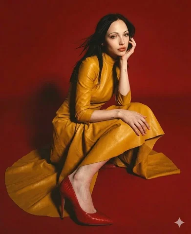 Cinematic Fashion Elegance in Mustard Yellow — Nano Banana 2 AI Prompt: ​Full-body fashion editorial photography of a woman with long, dark windswept ha...