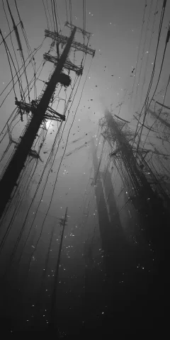 Monochrome Electric Towers Photography — Midjourney v6 AI Prompt: Black and white realistic photography of tousands of tall electric towers connec...