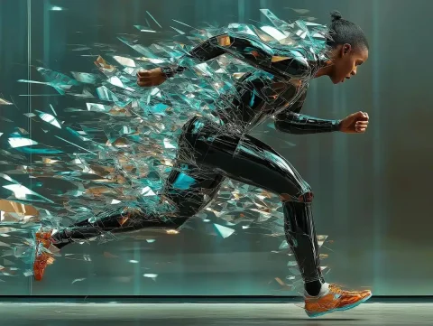 Geometric Athletes in Motion — Midjourney v6 AI Prompt: A monumental artwork featuring dynamic, sleek silhouettes of athletes running, j...