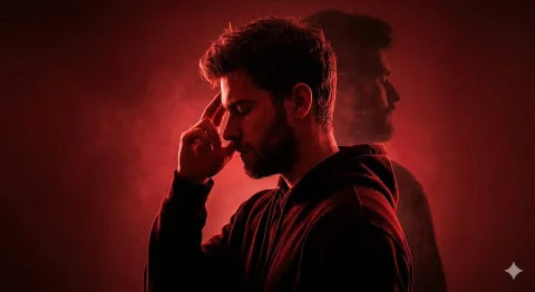 Crimson Contemplation — Nano Banana 2 AI Prompt: ​A cinematic side-profile portrait of a bearded man in a dark hoodie, eyes close...