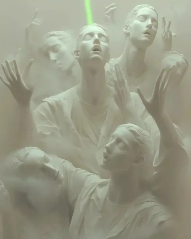 Rave Figures in Fog — Midjourney v6 AI Prompt: A group of heads, arms and hands reaching out from the fog, at a 90s rave, green...