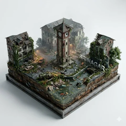 Srinagar Reclaimed: Post-Apocalyptic Diorama — Nano Banana 2 AI Prompt: Create a stylish, hyper-realistic poster of a post-apocalyptic LAL CHOWK SRINAGA...
