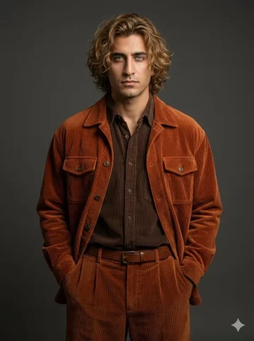 Confident 70s-Inspired Fashion Portrait — Nano Banana 2 AI Prompt: Ultra-realistic full-body studio portrait of a handsome young man in his mid-20s...