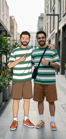 Real Meets Cartoon: Street Style Duo — Nano Banana 2 AI Prompt: A cinematic street fashion scene featuring me with exact same facial and physica...