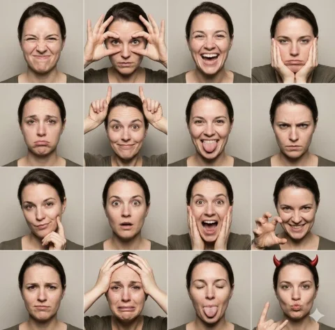A Journey Through Emotions — Nano Banana 2 AI Prompt: { "image_type": "4x4 grid \/ photo collage", "subject": "single woman, b...