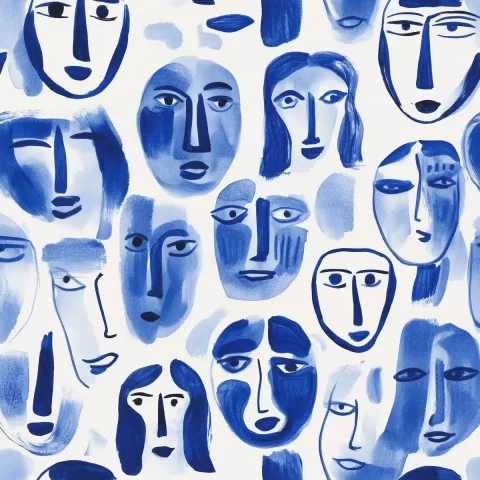 Bohemian Blue Crayon Faces — Midjourney v6 AI Prompt: Minimalist design in bohemian blue monochrome crayon style handdrawn, matisse st...