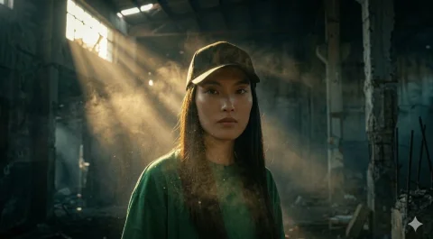 A Glimpse of Strength in the Ruins — Nano Banana 2 AI Prompt: A medium close-up portrait of an Asian woman looking directly at the camera with...