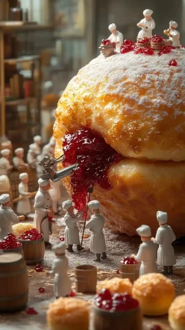 Whimsical Pczek Filling Scene — Midjourney v6 AI Prompt: A gigantic Polish pączek, golden-brown and fluffy, being filled with rich, vibra...