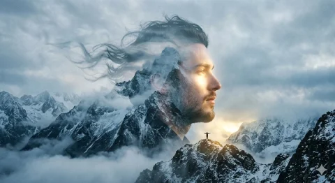 Surreal Sunrise Over a Mountain Mind — Nano Banana 2 AI Prompt: ​A stunning cinematic double-exposure portrait of a young man with a slight bear...