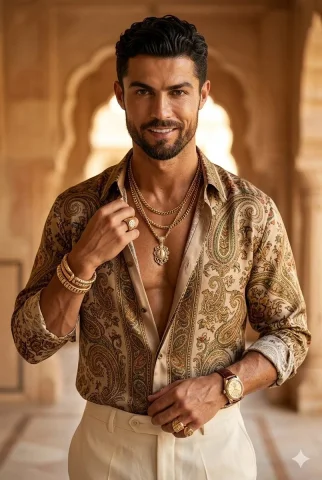 Timeless Charisma: Modern Luxury with Mughal Royalty — Nano Banana 2 AI Prompt: Hyper-realistic portrait of a strikingly handsome muscular man resembling Cristi...