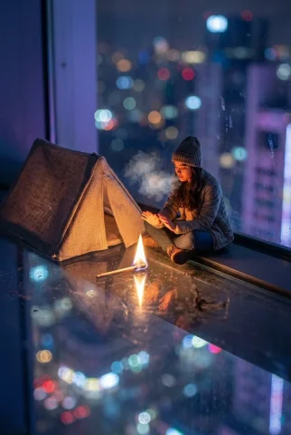 A Match for the City: Surreal Rooftop Refuge — Nano Banana 2 AI Prompt: A cozy, surreal scene of a tiny camper setting up a tent on the ledge of a skysc...