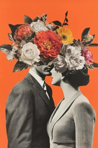 Vintage Photo Collage Couple — Midjourney v6 AI Prompt: Black-and-white photo collage of a man in a suit with a woman, both wearing flow...