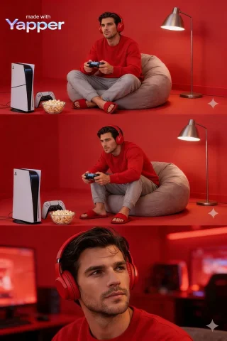 8K Red Gaming Escape — Nano Banana 2 AI Prompt: Minimalist monochrome red gaming room setup, a young man or woman sitting on a s...