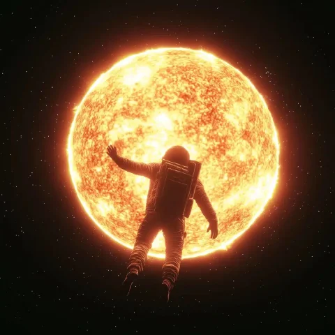 Astronaut Reaching for Sun — Midjourney v6 AI Prompt: A 3D render of the sun taking 80% of the frame, and in the middle in an astronau...