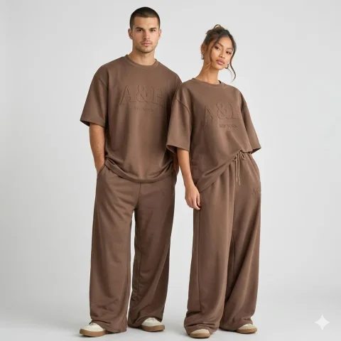 Minimalist Duo in Chocolate Brown Loungewear — Nano Banana 2 AI Prompt: A high-quality studio photograph, from a full-body perspective, featuring a male...
