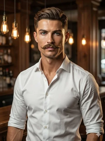 Timeless Charm in a Vintage Bar — Nano Banana 2 AI Prompt: A cinematic ultra-realistic portrait of a handsome young man standing in a styli...