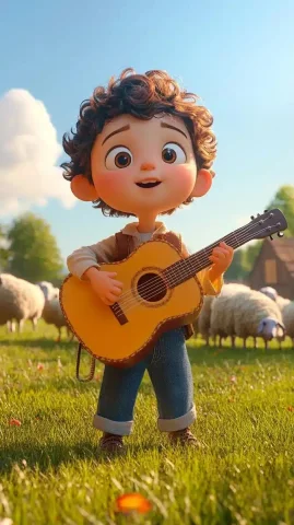 Cartoon Boy Singing Guitar — Midjourney v6 AI Prompt: A 5-year-old American boy stands on the grass, with his big eyes wide open. He i...
