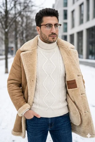 Urban Winter Elegance — Nano Banana 2 AI Prompt: Photorealistic full-body portrait of a handsome stylish man in his 30s with shar...