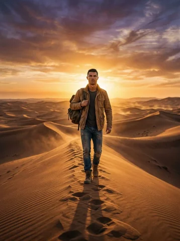 Golden Hour Trek Across Endless Saharan Dunes — Nano Banana 2 AI Prompt: A lone traveler with a determined expression, wearing a weathered tan canvas fie...