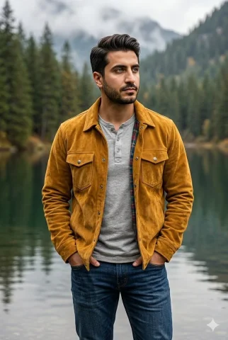 Autumn Vibes by the Alpine Lake — Nano Banana 2 AI Prompt: A handsome South Asian man in his late 20s to early 30s, sharp jawline, well-gro...