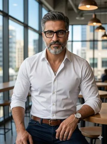 Confident and Stylish: A Mature Professional in an Upscale Coffee Shop — Nano Banana 2 AI Prompt: confident mature handsome Pakistani or Middle Eastern man around 45-50 years old...