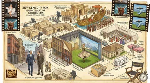 Golden Era Backlot in Motion — Nano Banana 2 AI Prompt: A movie studio backlot map of {STUDIO_NAME} golden era, with the false fronts er...