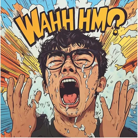 Comic Meltdown of Korean Man — Midjourney v6 AI Prompt: A comic book-style illustration of a muscular Korean man with short black hair,...
