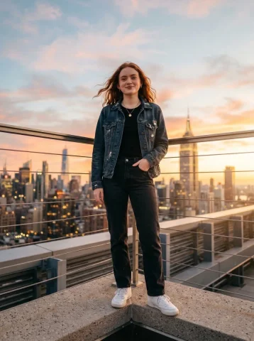 Golden Hour Rooftop Vibes — Nano Banana 2 AI Prompt: Create a realistic photo of a person using the face from the uploaded image. The...