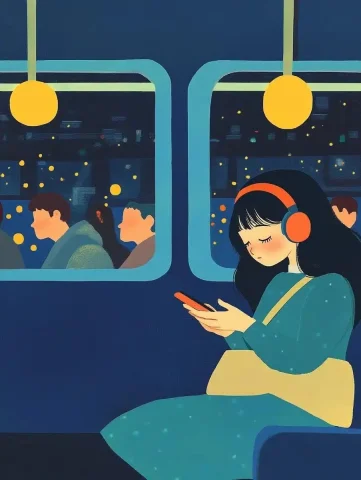Realistic Subway Scene Sarenur — Midjourney v6 AI Prompt: A tired young girl sitting in a crowded subway, wearing headphones and staring a...